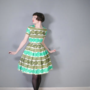 60s HANDMADE PAINTERLY GREEN SPOT COTTON DAY DRESS - S