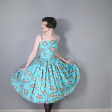 Load image into Gallery viewer, 50s TURQUOISE FRUIT MELON AND GRAPES PRINT SUN DRESS - XS