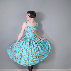 50s TURQUOISE FRUIT MELON AND GRAPES PRINT SUN DRESS - XS