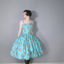 Load image into Gallery viewer, 50s TURQUOISE FRUIT MELON AND GRAPES PRINT SUN DRESS - XS