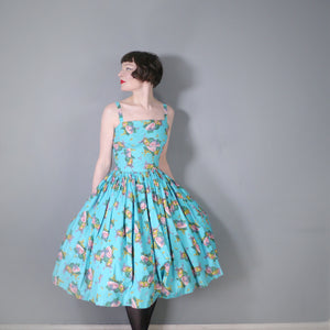 50s TURQUOISE FRUIT MELON AND GRAPES PRINT SUN DRESS - XS