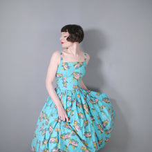 Load image into Gallery viewer, 50s TURQUOISE FRUIT MELON AND GRAPES PRINT SUN DRESS - XS