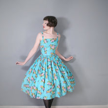 Load image into Gallery viewer, 50s TURQUOISE FRUIT MELON AND GRAPES PRINT SUN DRESS - XS