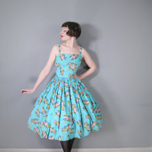 Load image into Gallery viewer, 50s TURQUOISE FRUIT MELON AND GRAPES PRINT SUN DRESS - XS