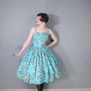 50s TURQUOISE FRUIT MELON AND GRAPES PRINT SUN DRESS - XS