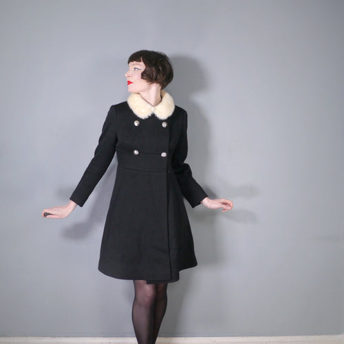 60s SIDWALL BLACK MINI MOD COAT WITH FUR COLLAR - S