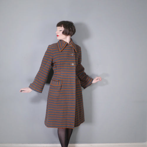 40s TREWARNE GREY AND ORANGE STRIPED ART DECO WOOL COAT - M