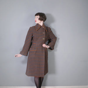 40s TREWARNE GREY AND ORANGE STRIPED ART DECO WOOL COAT - M