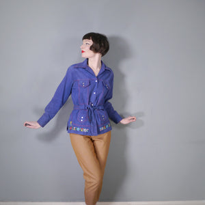 70s EMBROIDERED LIGHT COTTON DENIM SHIRT JACKET - M-L