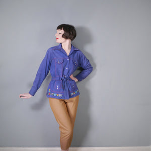 70s EMBROIDERED LIGHT COTTON DENIM SHIRT JACKET - M-L