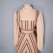 Load image into Gallery viewer, 70s BROWN AND PEACH STRIPE VICTORIAN STYLE PRAIRIE MAXI DRESS - M