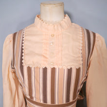 Load image into Gallery viewer, 70s BROWN AND PEACH STRIPE VICTORIAN STYLE PRAIRIE MAXI DRESS - M