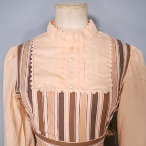 70s BROWN AND PEACH STRIPE VICTORIAN STYLE PRAIRIE MAXI DRESS - M