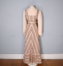 Load image into Gallery viewer, 70s BROWN AND PEACH STRIPE VICTORIAN STYLE PRAIRIE MAXI DRESS - M