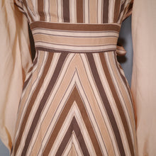 Load image into Gallery viewer, 70s BROWN AND PEACH STRIPE VICTORIAN STYLE PRAIRIE MAXI DRESS - M