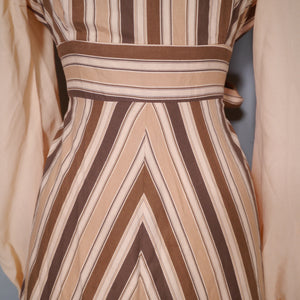 70s BROWN AND PEACH STRIPE VICTORIAN STYLE PRAIRIE MAXI DRESS - M