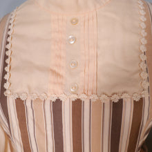 Load image into Gallery viewer, 70s BROWN AND PEACH STRIPE VICTORIAN STYLE PRAIRIE MAXI DRESS - M