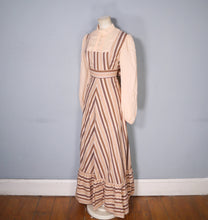 Load image into Gallery viewer, 70s BROWN AND PEACH STRIPE VICTORIAN STYLE PRAIRIE MAXI DRESS - M