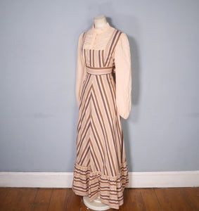 70s BROWN AND PEACH STRIPE VICTORIAN STYLE PRAIRIE MAXI DRESS - M