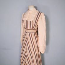 Load image into Gallery viewer, 70s BROWN AND PEACH STRIPE VICTORIAN STYLE PRAIRIE MAXI DRESS - M