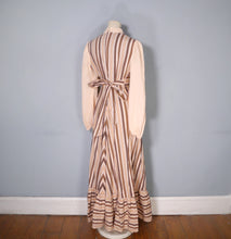 Load image into Gallery viewer, 70s BROWN AND PEACH STRIPE VICTORIAN STYLE PRAIRIE MAXI DRESS - M