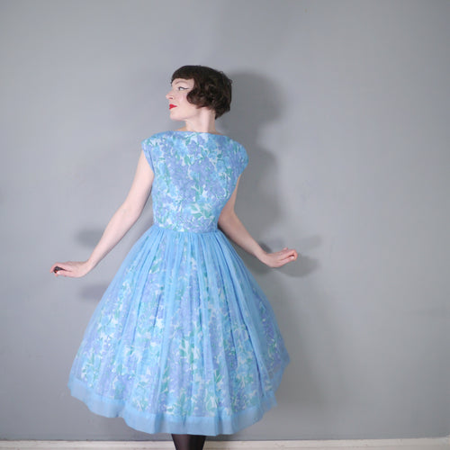 50s PASTEL BLUE CHIFFON OVERLAY FLORAL SUMMER PARTY DRESS - M