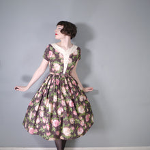 Load image into Gallery viewer, 50s BROWN AND PINK ROSE FLORAL COTTON FULL SKIRTED DRESS - S