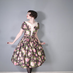 50s BROWN AND PINK ROSE FLORAL COTTON FULL SKIRTED DRESS - S