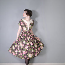 Load image into Gallery viewer, 50s BROWN AND PINK ROSE FLORAL COTTON FULL SKIRTED DRESS - S