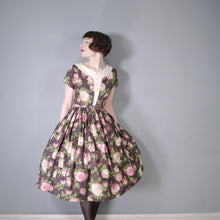 Load image into Gallery viewer, 50s BROWN AND PINK ROSE FLORAL COTTON FULL SKIRTED DRESS - S