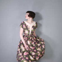 Load image into Gallery viewer, 50s BROWN AND PINK ROSE FLORAL COTTON FULL SKIRTED DRESS - S