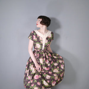 50s BROWN AND PINK ROSE FLORAL COTTON FULL SKIRTED DRESS - S