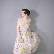 Load image into Gallery viewer, GORGEOUS 50s HANDMADE LARGE BUTTERFLY PRINT FULL SKIRTED SUN DRESS - XS