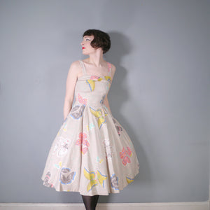 GORGEOUS 50s HANDMADE LARGE BUTTERFLY PRINT FULL SKIRTED SUN DRESS - XS