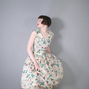 50s NYLON FULL SKIRTED ROMANTIC ROSE PRINT DRESS - S