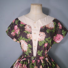 Load image into Gallery viewer, 50s BROWN AND PINK ROSE FLORAL COTTON FULL SKIRTED DRESS - S