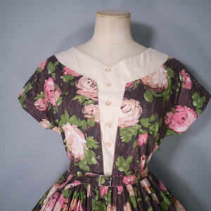 50s BROWN AND PINK ROSE FLORAL COTTON FULL SKIRTED DRESS - S