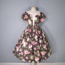 Load image into Gallery viewer, 50s BROWN AND PINK ROSE FLORAL COTTON FULL SKIRTED DRESS - S