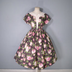 50s BROWN AND PINK ROSE FLORAL COTTON FULL SKIRTED DRESS - S