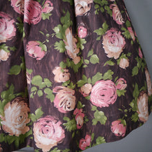 Load image into Gallery viewer, 50s BROWN AND PINK ROSE FLORAL COTTON FULL SKIRTED DRESS - S