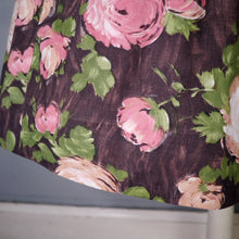 Load image into Gallery viewer, 50s BROWN AND PINK ROSE FLORAL COTTON FULL SKIRTED DRESS - S