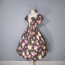 Load image into Gallery viewer, 50s BROWN AND PINK ROSE FLORAL COTTON FULL SKIRTED DRESS - S