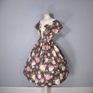 50s BROWN AND PINK ROSE FLORAL COTTON FULL SKIRTED DRESS - S