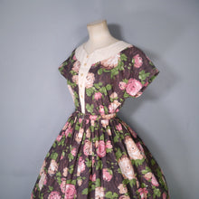 Load image into Gallery viewer, 50s BROWN AND PINK ROSE FLORAL COTTON FULL SKIRTED DRESS - S