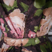 Load image into Gallery viewer, 50s BROWN AND PINK ROSE FLORAL COTTON FULL SKIRTED DRESS - S