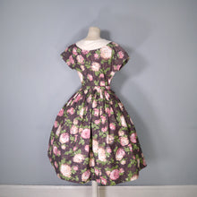 Load image into Gallery viewer, 50s BROWN AND PINK ROSE FLORAL COTTON FULL SKIRTED DRESS - S