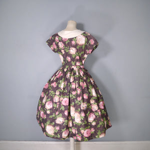 50s BROWN AND PINK ROSE FLORAL COTTON FULL SKIRTED DRESS - S