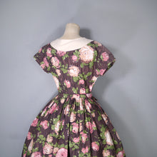 Load image into Gallery viewer, 50s BROWN AND PINK ROSE FLORAL COTTON FULL SKIRTED DRESS - S