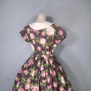 50s BROWN AND PINK ROSE FLORAL COTTON FULL SKIRTED DRESS - S