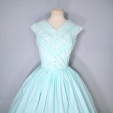 Load image into Gallery viewer, 60s MINT GREEN COTTON DAY DRESS WITH LACE RIBBON BODICE - S